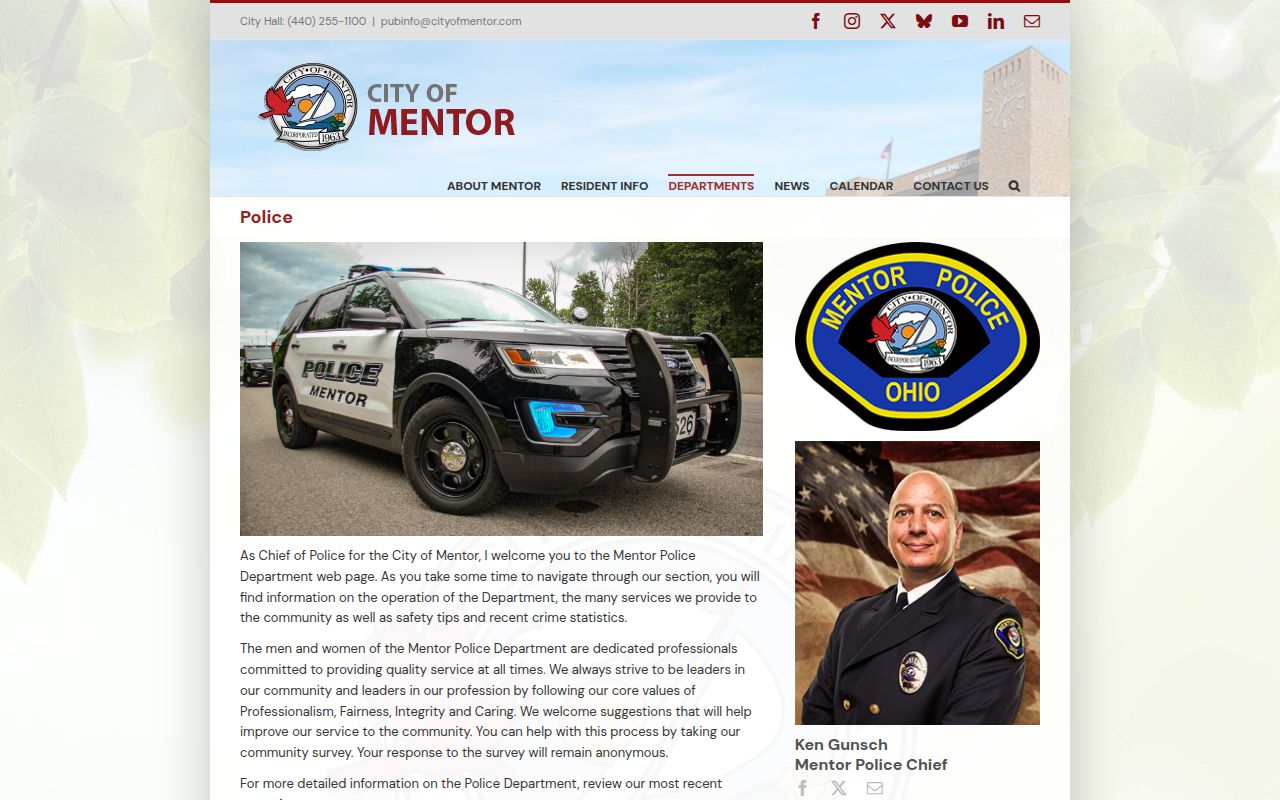 Mentor Police Department page for Mentor booking reports