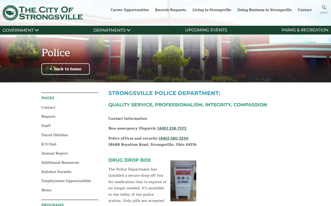 Strongsville Police Department page for Strongsville booking reports