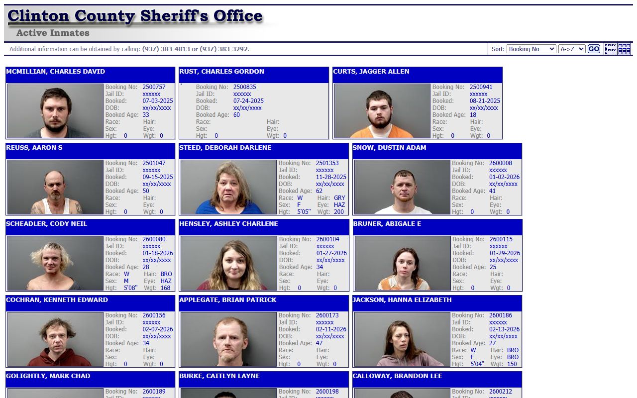 Clinton County booking reports active inmate search page