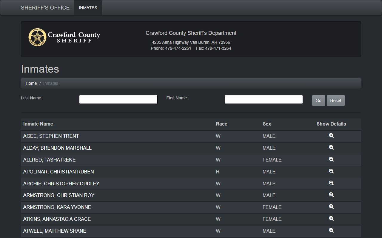 Crawford County booking reports inmate search system