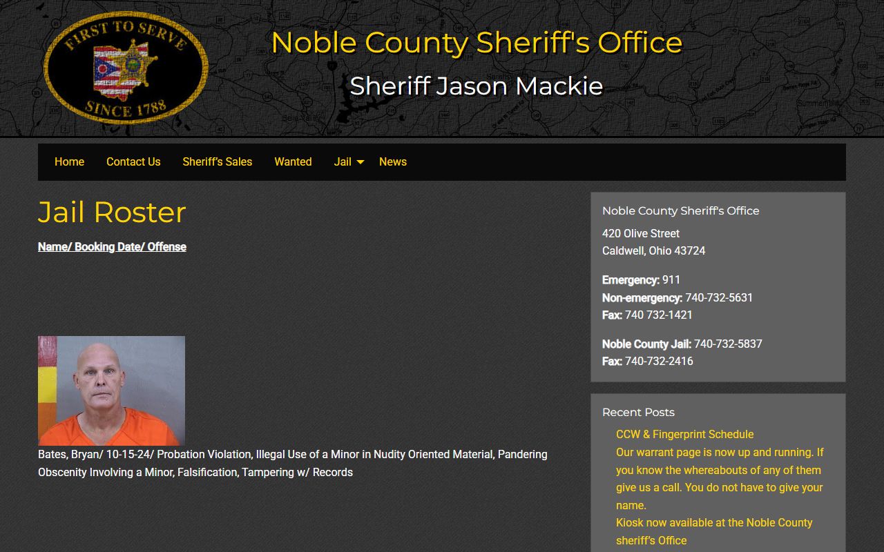 Noble County booking reports jail roster page