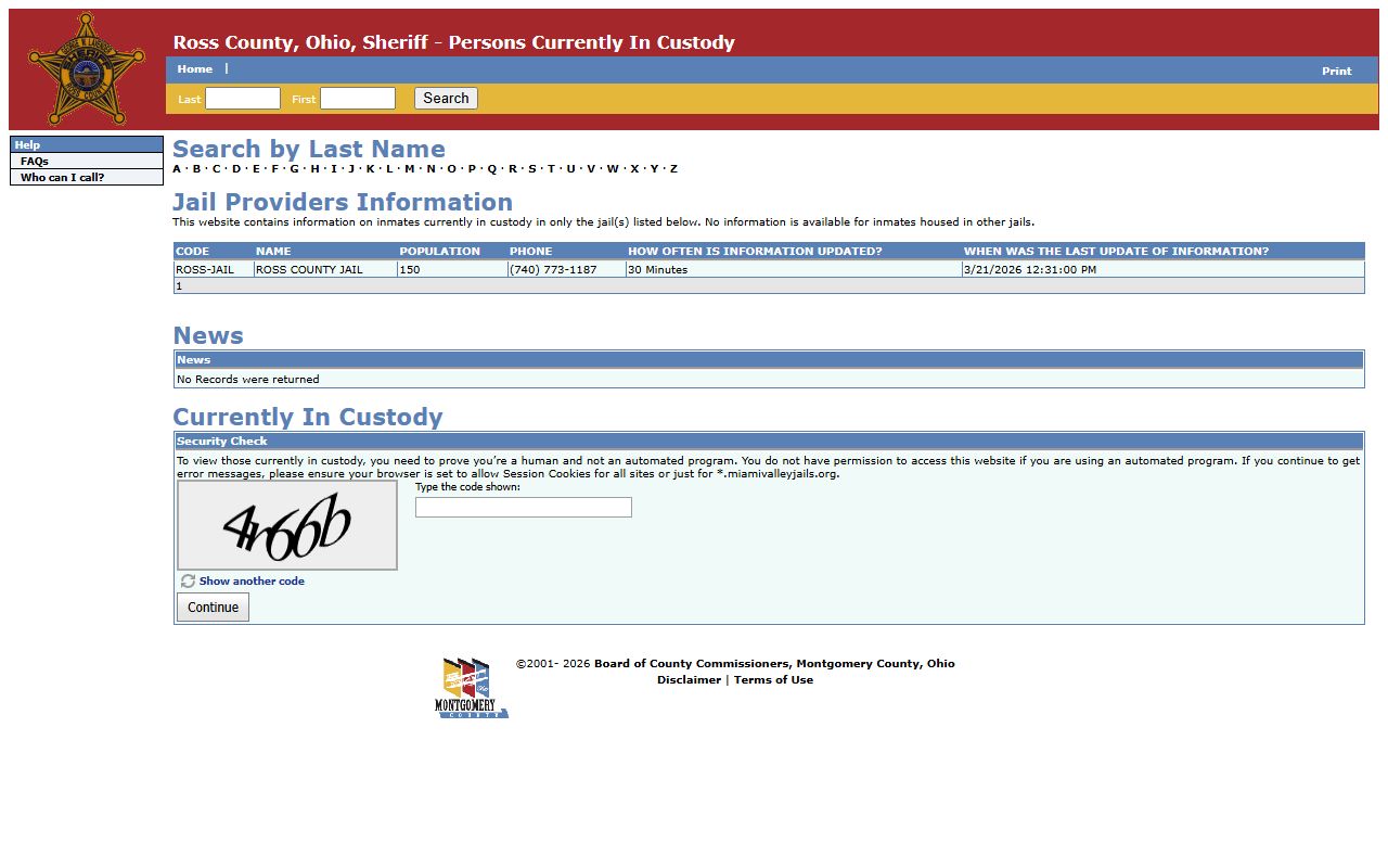 Ross County booking reports Miami Valley Jails portal
