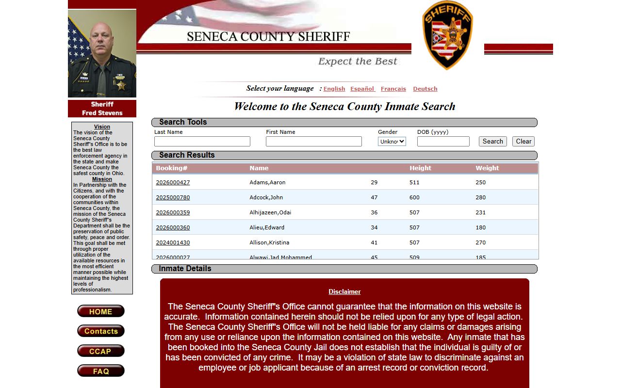 Seneca County booking reports inmate locator search tool